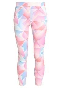 Legginsy z geometrycznym wzorem w pastelowych kolorach, w odcieniach różu, niebieskiego i białego. Wykonane z elastycznego materiału o dopasowanym kroju.
