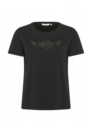 T-shirt noir en coton à manches courtes et col rond, arborant un motif de clous dorés formant un logo décoratif d'ailes sur le devant.