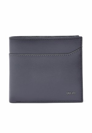 Dwuczęściowy portfel z ciemnoszarej skóry z widocznym przeszyciem i małym metalowym logo „LIU·JO” w prawym dolnym rogu.