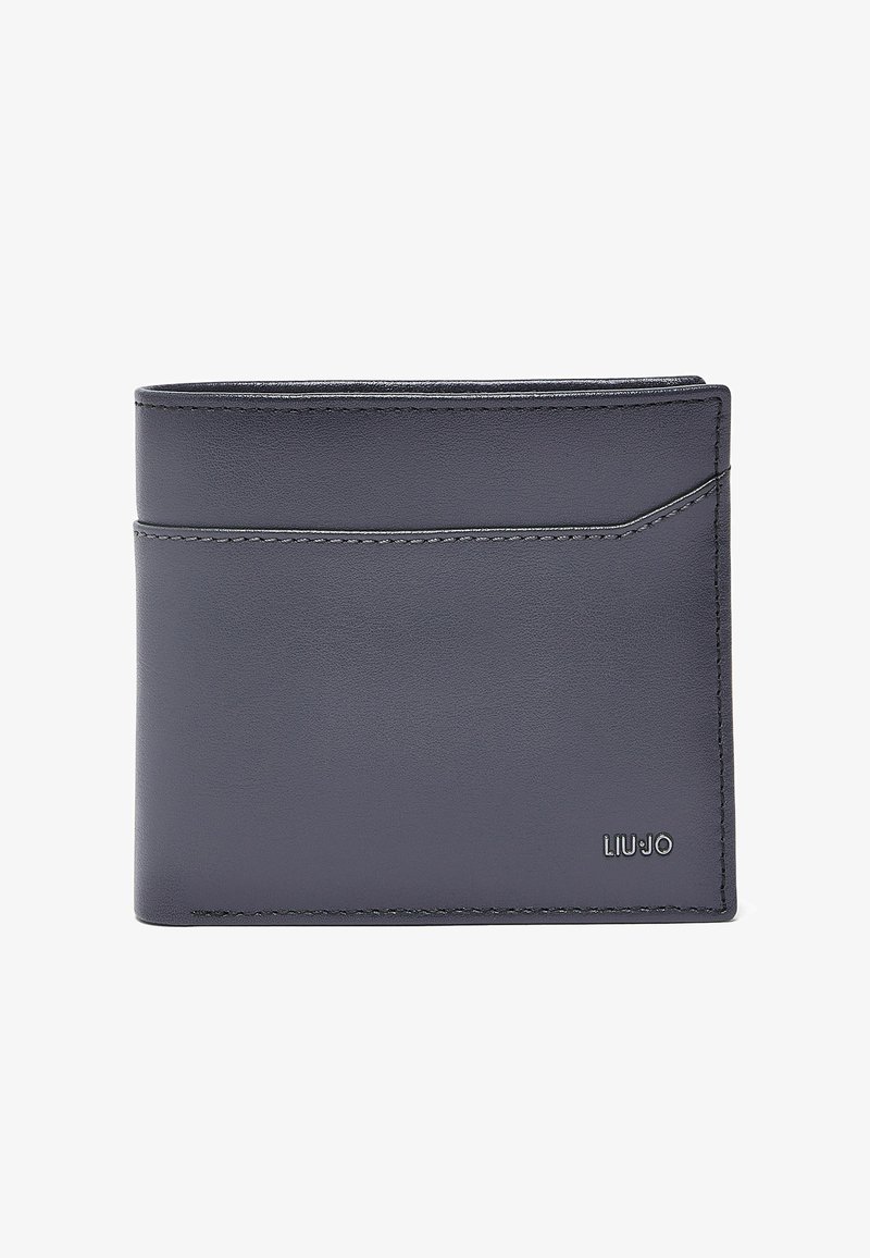 Portefeuille à deux volets en cuir gris foncé avec surpiqûres visibles et petit logo métallique "LIU·JO" dans le coin inférieur droit.