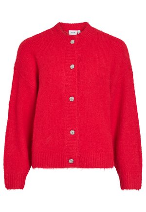 Czerwony wełniany kardigan z długimi rękawami i pięcioma srebrnymi, teksturowanymi guzikami z przodu.