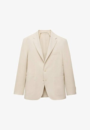 Beige linnen blazer met een notch-revers, een enkele knoopsluiting, twee voorkzakken en minimale details voor een klassieke pasvorm.