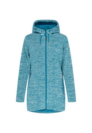 Longue veste bleue zippée avec capuche et cordons, poches latérales zippées et motif tricoté texturé.