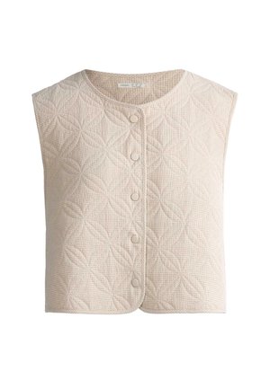 Bezrukávová béžová prešívaná vesta s okrúhlym výstrihom a šiestimi prednými patentkami, s jemným geometrickým vzorom.