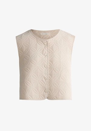 Bezrukávová béžová prešívaná vesta s okrúhlym výstrihom a šiestimi prednými patentkami, s jemným geometrickým vzorom.