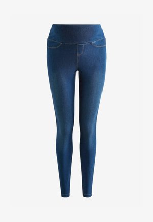 Donkere blauwe denimlegging met een gladde textuur, hoge tailleband en twee voorzakken. Voorzien van contrasterende stiksels langs de naden.
