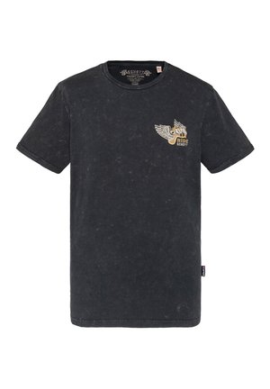 Schwarzes Baumwoll-T-Shirt mit Rundhalsausschnitt, kurzen Ärmeln und einer used-Optik. Verfügt über ein geflügeltes Logo und Text auf der Brust.