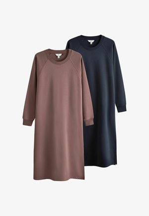 Neformálne šaty s dlhým rukávom a okrúhlym výstrihom v hnedej a námorníckej modrej farbe, vyrobené z mäkkej látky, s rebrovanými manžetami a bočnými rozparkami na leme.