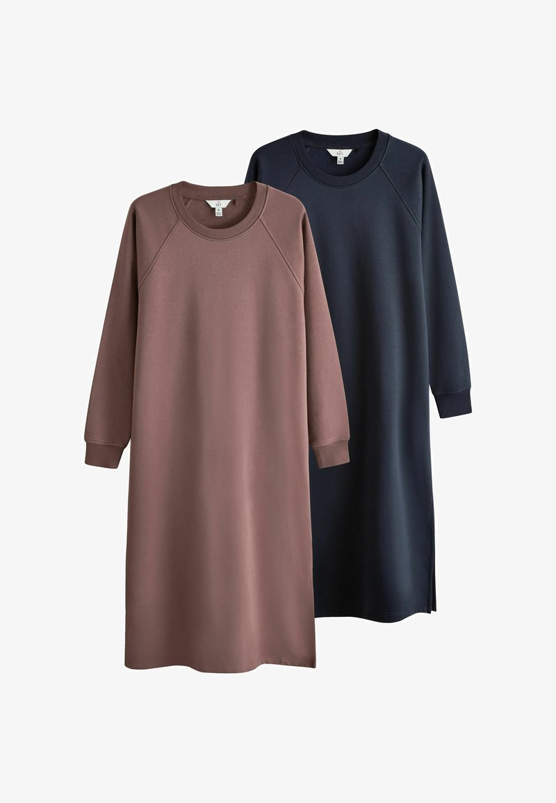 Neformálne šaty s dlhým rukávom a okrúhlym výstrihom v hnedej a námorníckej modrej farbe, vyrobené z mäkkej látky, s rebrovanými manžetami a bočnými rozparkami na leme.