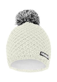 Knit beanie in off-white with a plush black and white pom-pom. Features a soft fleece lining and a black logo patch on the side.