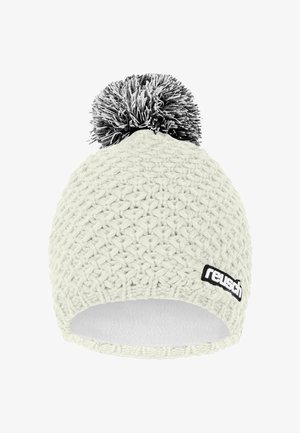 Knit beanie in off-white with a plush black and white pom-pom. Features a soft fleece lining and a black logo patch on the side.