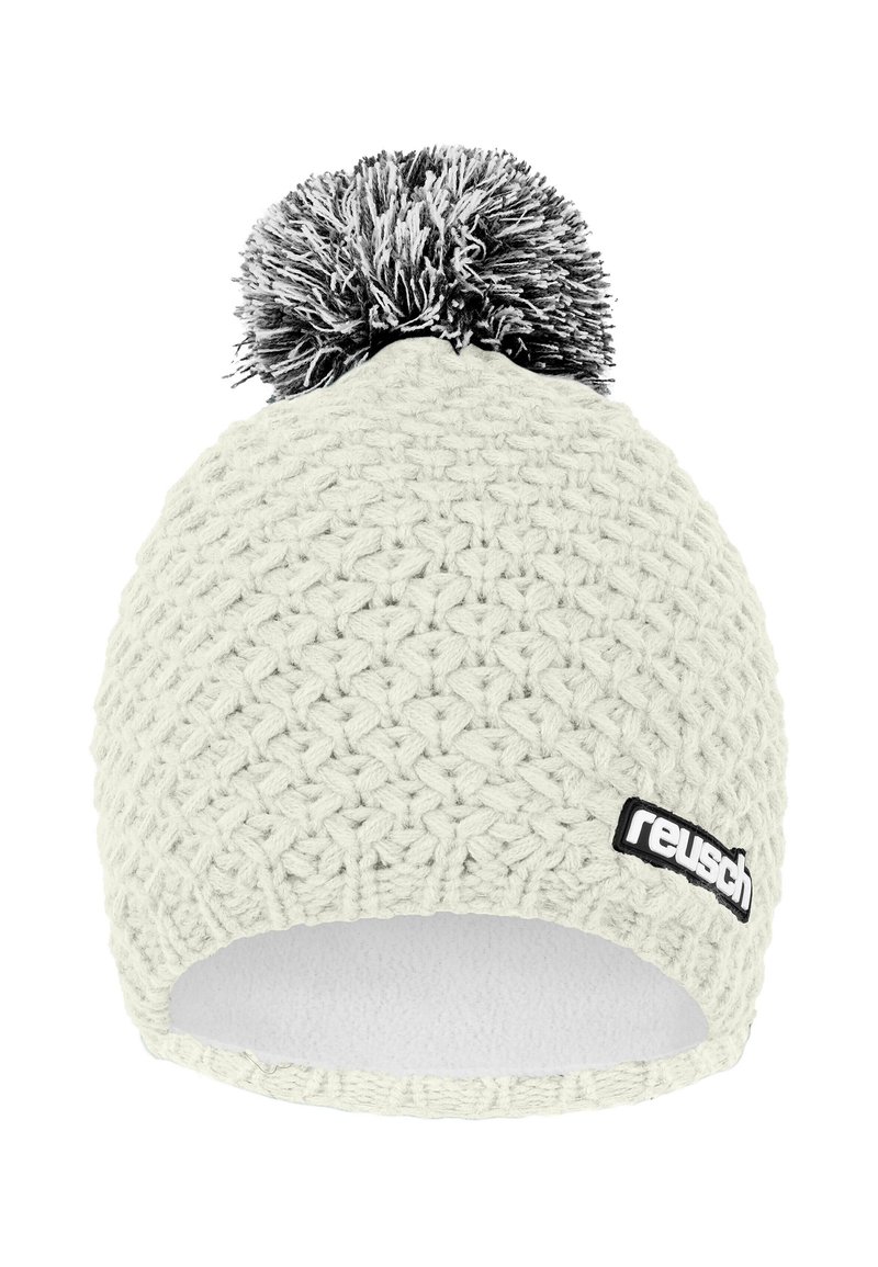 Knit beanie in off-white with a plush black and white pom-pom. Features a soft fleece lining and a black logo patch on the side.