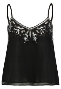 Camisole noire avec des bretelles spaghetti ajustables, ornée de perles et de broderies argentées le long de l'encolure, fabriquée en tissu transparent.