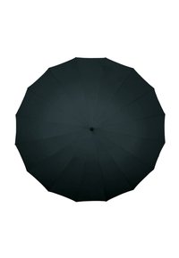 Zwarte paraplu met een cirkelvorm, 8 ribbelpanelen, een gladde matte textuur, een centrale knop en geen decoratieve accenten.