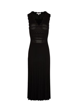 Ärmelloses schwarzes Midikleid mit V-Ausschnitt, aufwendig gestricktem Spitzenoberteil und plissiertem Rockdetail.
