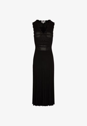 Mouwloze zwarte midi-jurk met V-hals, gedetailleerd kanten lijfje en geplooide rokdetail.