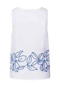 Top sin mangas blanco con bordado de hojas azules en el dobladillo, que presenta un sencillo cuello redondo y un ajuste relajado. Material de algodón.