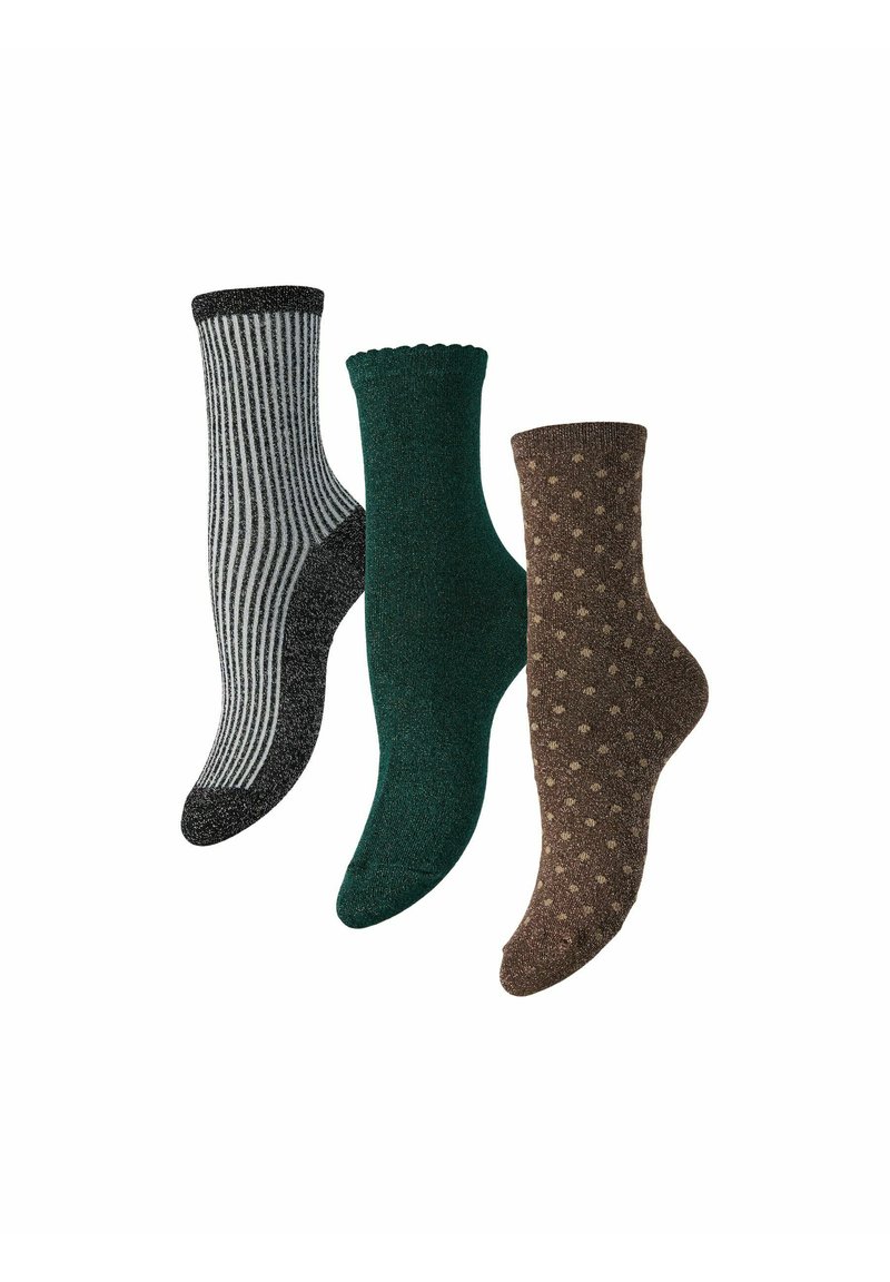 Tres pares de calcetines: uno gris con rayas, uno verde oscuro liso con un borde festoneado, y uno marrón con lunares claros. Material tejido y acogedor.
