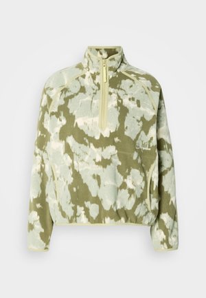 Πράσινο και ανοιχτό μπεζ φλις πουλόβερ με γιακά μισού φερμουάρ, μεγάλο αφηρημένο σχέδιο και λεπτομέρεια λογότυπου στο μπροστινό μέρος. Μαλακή υφή και κοντή σχεδίαση.