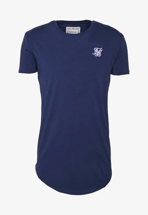 T-shirt bleu marine à manches courtes et col rond avec petit logo blanc brodé sur la poitrine gauche et ourlet arrondi.