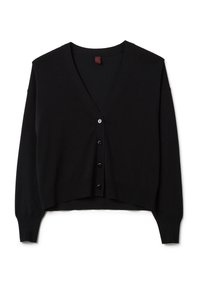 Schwarze kurze Strickjacke mit V-Ausschnitt, langen Ärmeln und fünf Knopfverschlüssen. Hergestellt aus weichem Material, mit gerippten Bündchen und Saum.