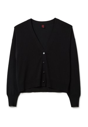 Cardigan nero corto con scollatura a V, maniche lunghe e cinque bottoni. Realizzato in materiale morbido, presenta polsini e orlo a coste.