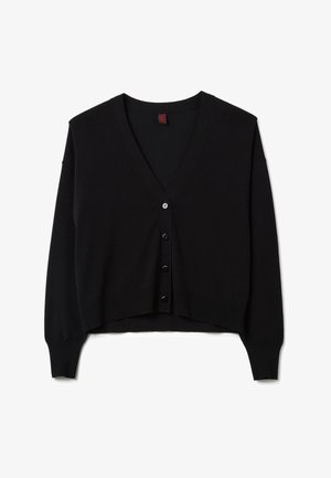 Black cropped cardigan with a V-neck, long sleeves, and five button closures. Made of soft material, featuring ribbed cuffs and hem.