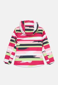 Chaqueta colorida con un atrevido patrón de rayas en tonos de rosa, verde y negro. Incluye capucha y mangas largas. Fabricada con un tejido duradero.