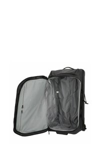 Black backpack with a gray interior; features a zippered compartment, spacious main section, and sturdy fabric material.