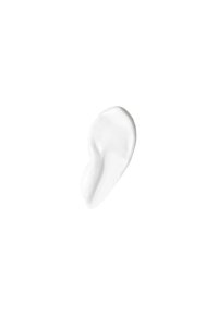 Crème ou lotion blanche avec une texture lisse et brillante, formée de manière irrégulière, présentée sur un fond blanc uni.
