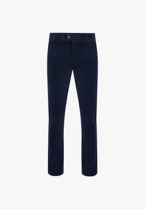 Granatowe spodnie z miękkiego materiału, z płaskim przodem, standardowym zapięciem na guzik i prostymi nogawkami. Brak widocznych wzorów lub akcentów.