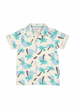 Børnes kortærmet skjorte med knapper, blå palmetræs- og cirkelprint på cremefarvet baggrund, slået krave og brandmærke i sidesømmen.