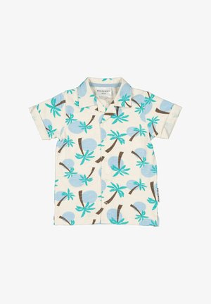 Børnes kortærmet skjorte med knapper, blå palmetræs- og cirkelprint på cremefarvet baggrund, slået krave og brandmærke i sidesømmen.