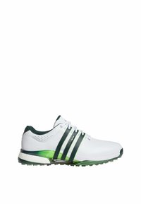 Zapatilla deportiva blanca con acentos verdes. Presenta tres rayas en verde oscuro, una parte superior texturizada y una suela de tracción con patrón para mayor agarre.