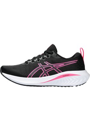Black running shoe with pink accents, white thick sole labeled "AmpliFoam+", mesh upper, and pink pull tab on the heel.