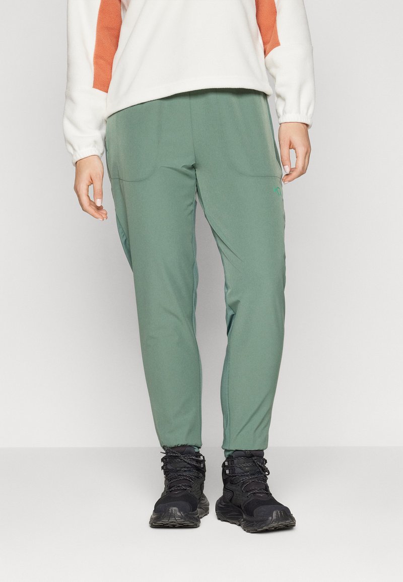 Pantalones deportivos verdes con piernas ajustadas, que cuentan con dos bolsillos laterales y un pequeño logo. Se llevan con zapatos de senderismo negros.