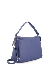 Lila Lederhandtasche mit Reißverschluss oben, verstellbarem Schultergurt und glatter Textur. Sie verfügt über ein Markenlogo auf der Vorderseite.