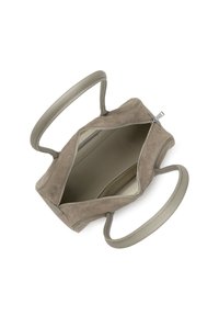 Sac à main en daim gris avec poignées en cuir, ouverture zippée et intérieur lisse. Vue en angle mettant en valeur la forme et les matériaux du sac.