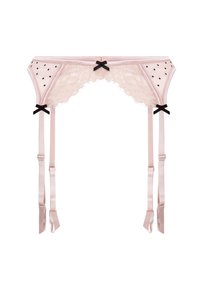 Rosa satinierte Strumpfhalter mit Spitzenbesatz, gepunktetem Muster und schwarzen Schleifen an den Seiten. Verfügt über verstellbare Träger für eine perfekte Passform.