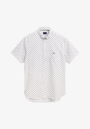 Weißes kurzärmeliges Hemd mit Knopfleiste, schwarzem Rautenmuster, Brusttasche und kleinem GANT-Logo auf der Tasche.