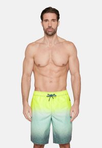 Costume de baie galben-verde neon cu un efect ombre, având o talie cu șnur și logo-ul brandului într-un model repetitiv la margine.