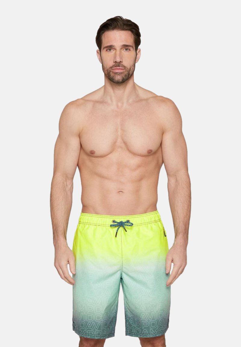 Costume de baie galben-verde neon cu un efect ombre, având o talie cu șnur și logo-ul brandului într-un model repetitiv la margine.