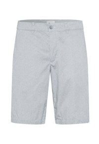 Shorts a righe blu chiaro e bianche con chiusura a bottone, tasche laterali e vestibilità sartoriale, realizzati in tessuto morbido e traspirante.