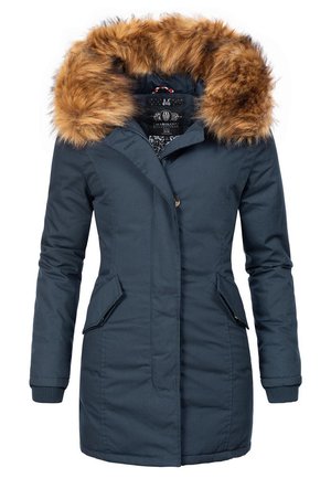 Navy blue parka with a faux fur hood, double-breasted buttons, side pockets, ribbed cuffs, and a smooth, insulated fabric.