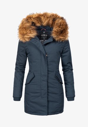 Marineblauwe parka met een nepbontkap, dubbele knopen, zijzakken, geribbelde manchetten en een gladde, geïsoleerde stof.