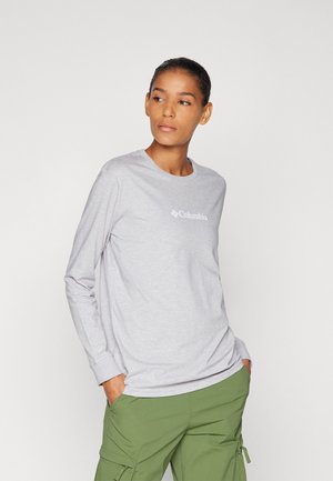 Gray long-sleeve shirt with round neckline and white Columbia logo, paired with green cargo pants featuring side pockets and knee accents.
