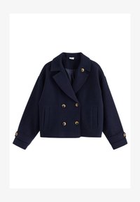 Mørkeblå ull peacoat med dobbelspent front, store messingknapper, notchet krage og kort silhuett. Har sidelommer.