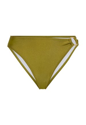 Olijfgroene bikinibroek gemaakt van een glanzend materiaal, met uitgesneden zijkanten met witte accenten en een klein gouden ringdetail.