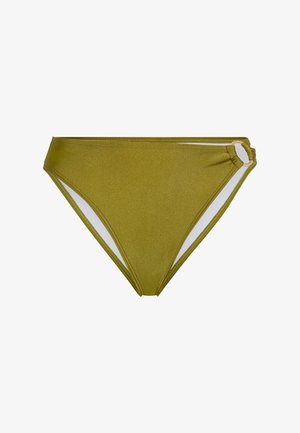 Olivegrüner Bikini-Slip aus glänzendem Material mit seitlichen Cut-Outs und weißen Akzenten sowie einem kleinen goldenen Ringdetail.