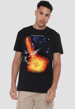 Black cotton t-shirt featuring a colorful "Star Trek" graphic with spacecraft, flames, and text. Short sleeves and round neckline.